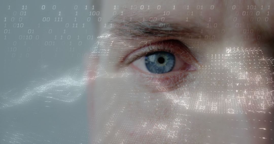 Close-up of Eye Overlaid with Binary Code and Digital Patterns