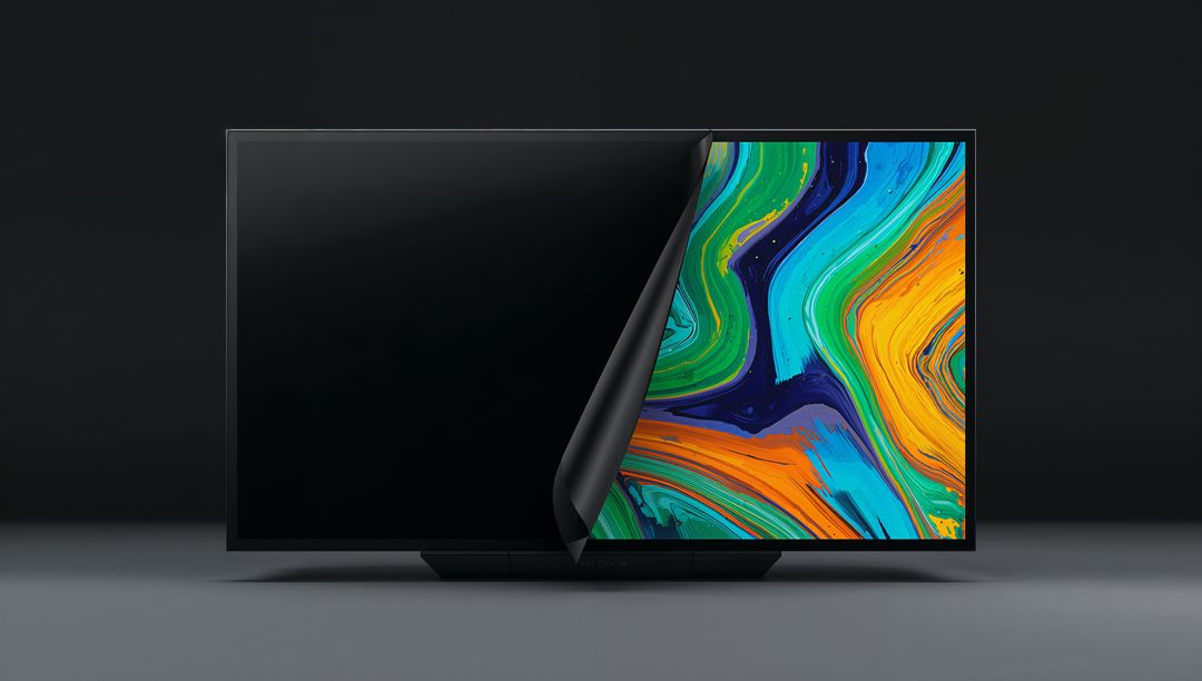 Flat-panel Monitor Peeling Corner Revealing Vibrant Abstract Display for Tech Mockup