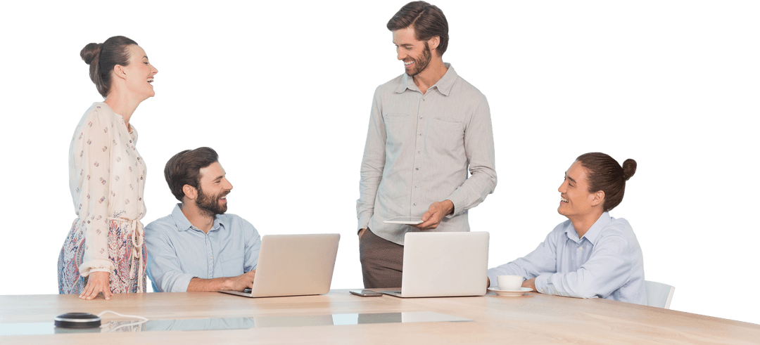 Team Collaborating in Transparent Office Setting with Laptops