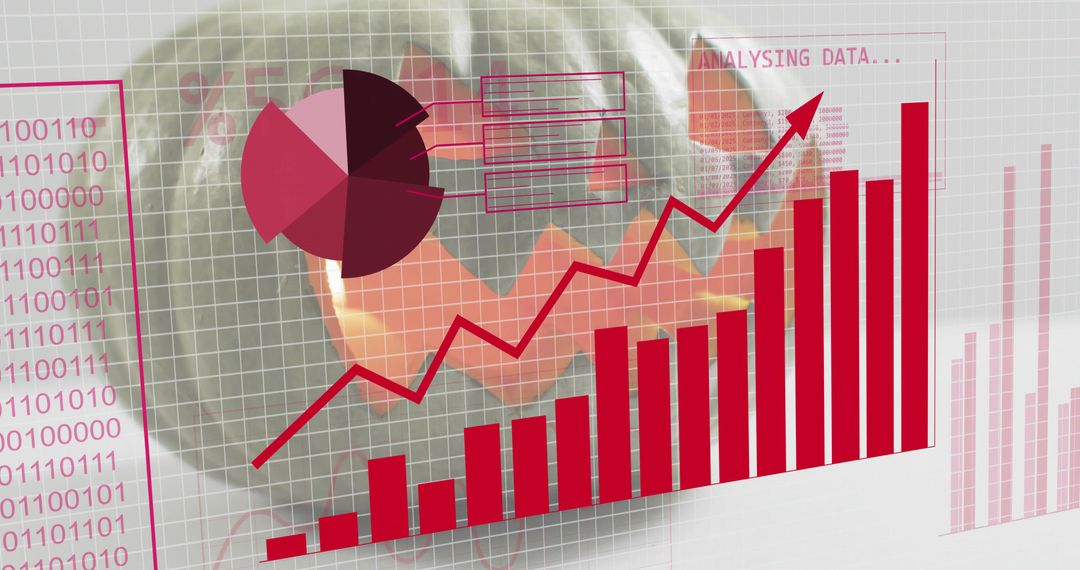 Piggy Bank with Rising Red Bar-Line Chart and Pie Graph Visualizing Savings Growth