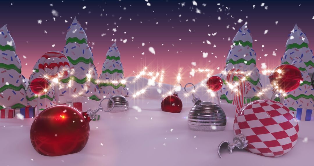 Festive Winter Wonderland with Snow and Christmas Decorations