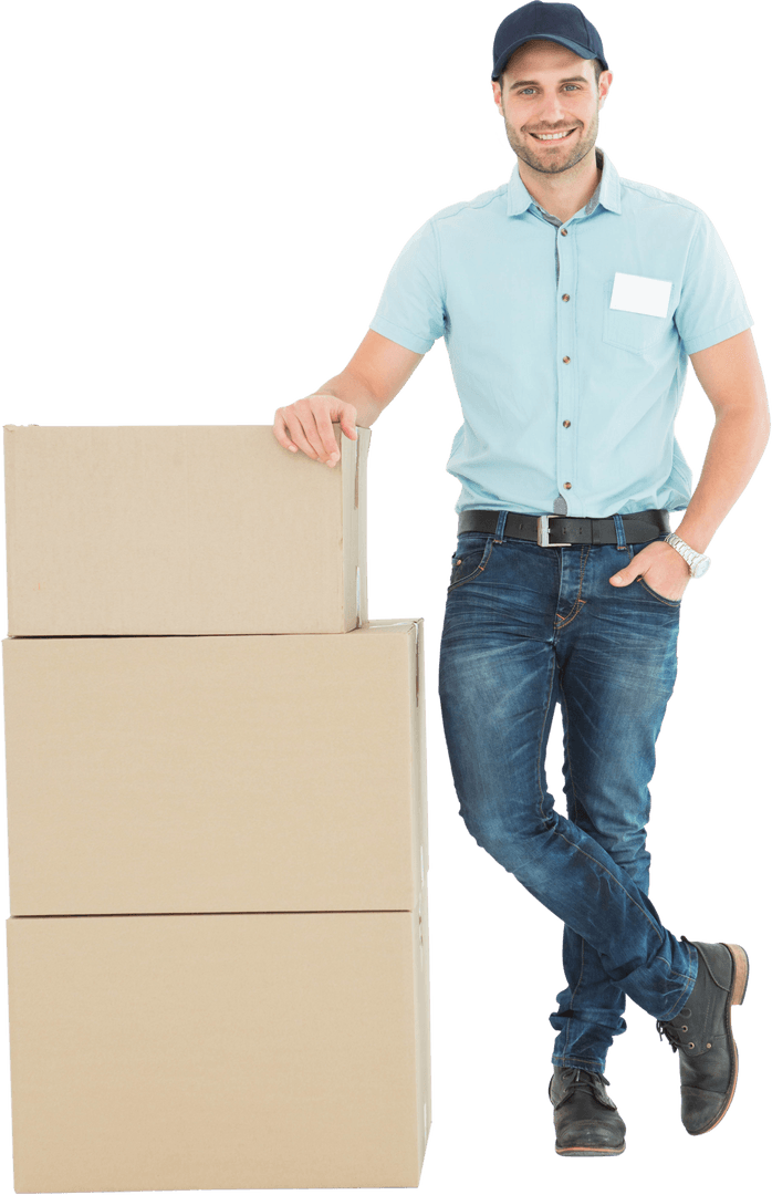 Transparent Confident Delivery Man with Cardboard Boxes Standing Posed