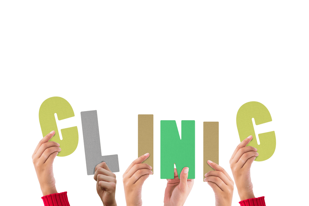 Hands Holding Letters forming Clinic on Transparent Background