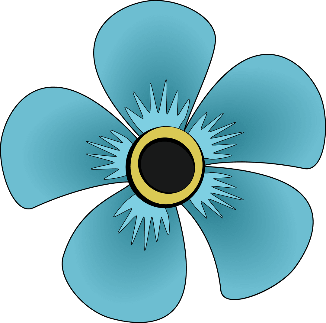 Gradient Blue Flower with Black and Gold Center on Transparent Background