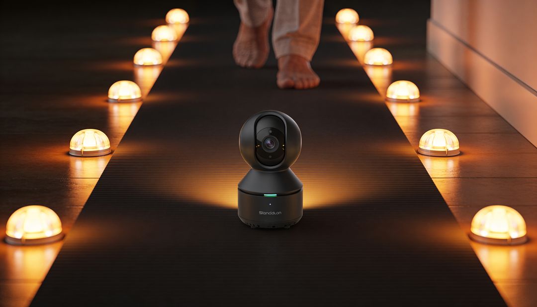 PTZ Security Camera Capturing Barefoot Walker on Rug-Lined Hallway with Warm LED Lighting
