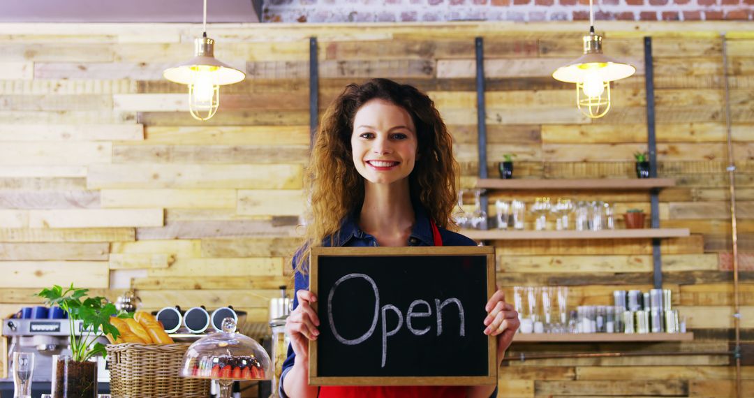 Smiling Female Cafe Owner Holding Open Sign at Counterside - Free Images, Stock Photos and Pictures on Pikwizard.com