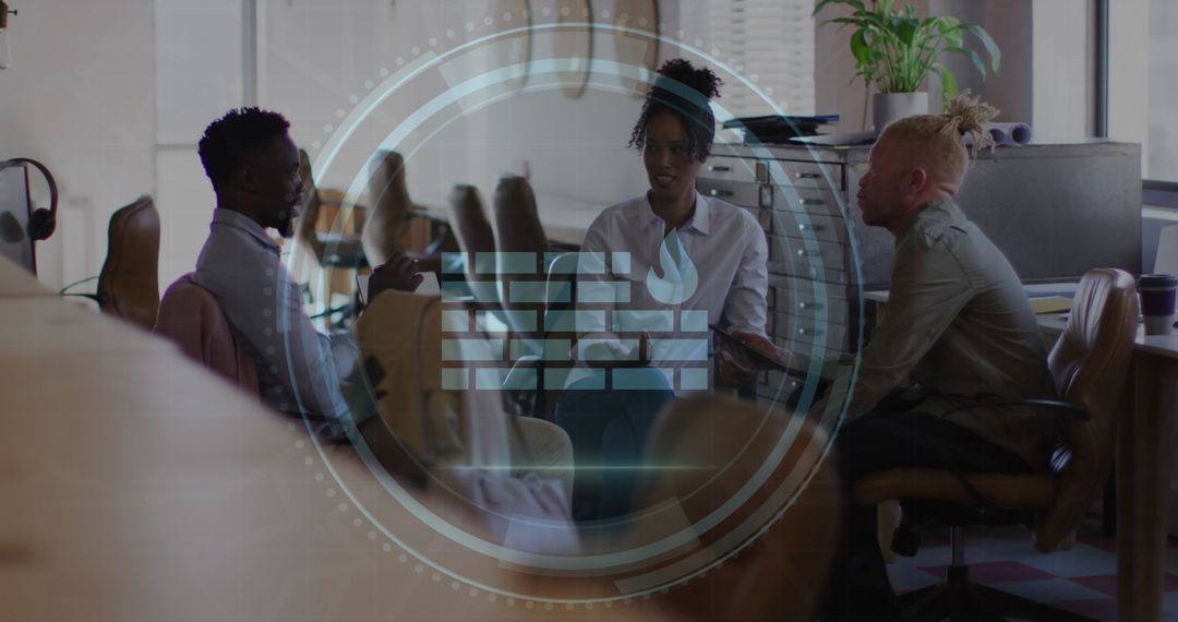 Diverse Team Discussing Cybersecurity Innovations in Modern Office