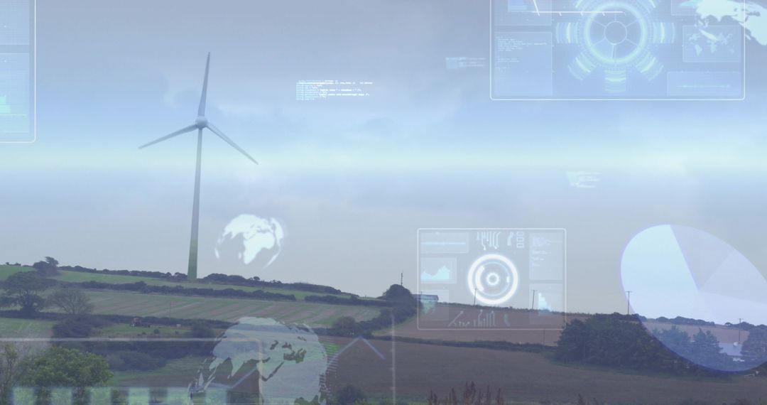 Wind Turbine Spinning on Rural Ridge with Futuristic Data HUD and Renewable Energy Concept