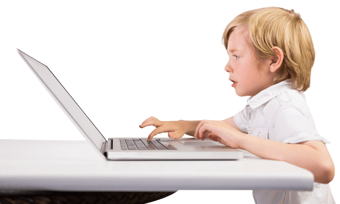 Caucasian Boy Engaged with Laptop on Transparent Background
