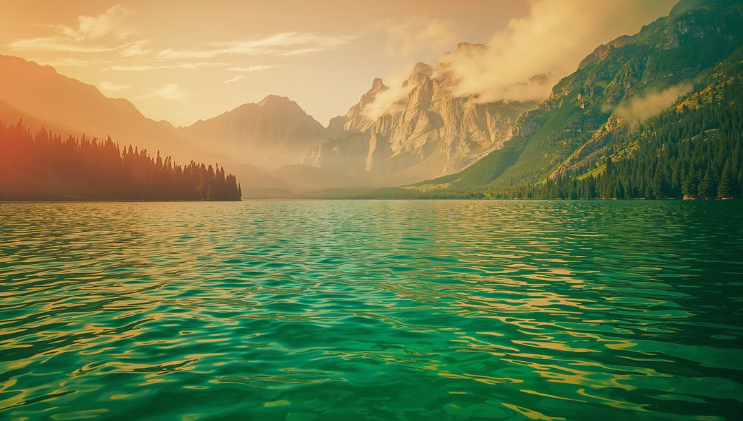 Tranquil Emerald Lake with Mountains and Pine Forest