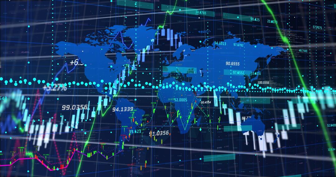 Digital Financial Data on World Map Illustrating Global Market Trends
