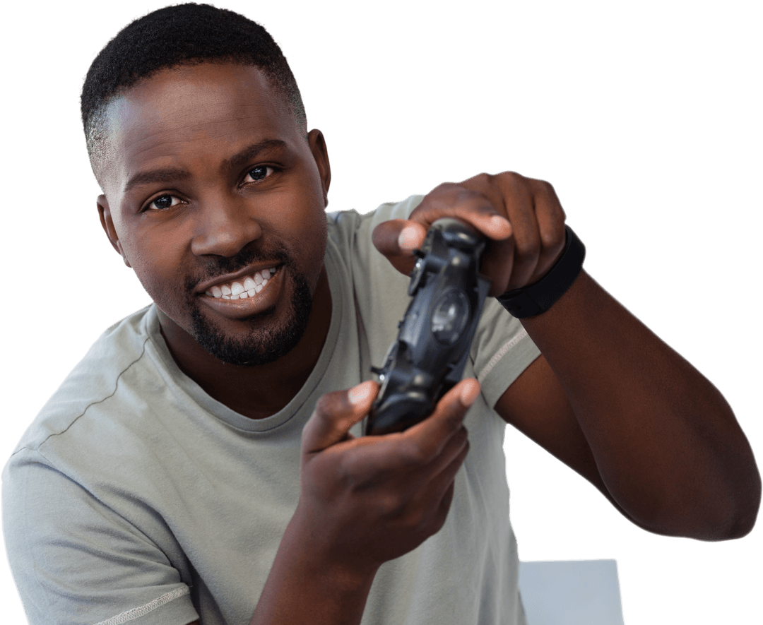 Smiling Black Man Holding Video Game Controller Transparent Background