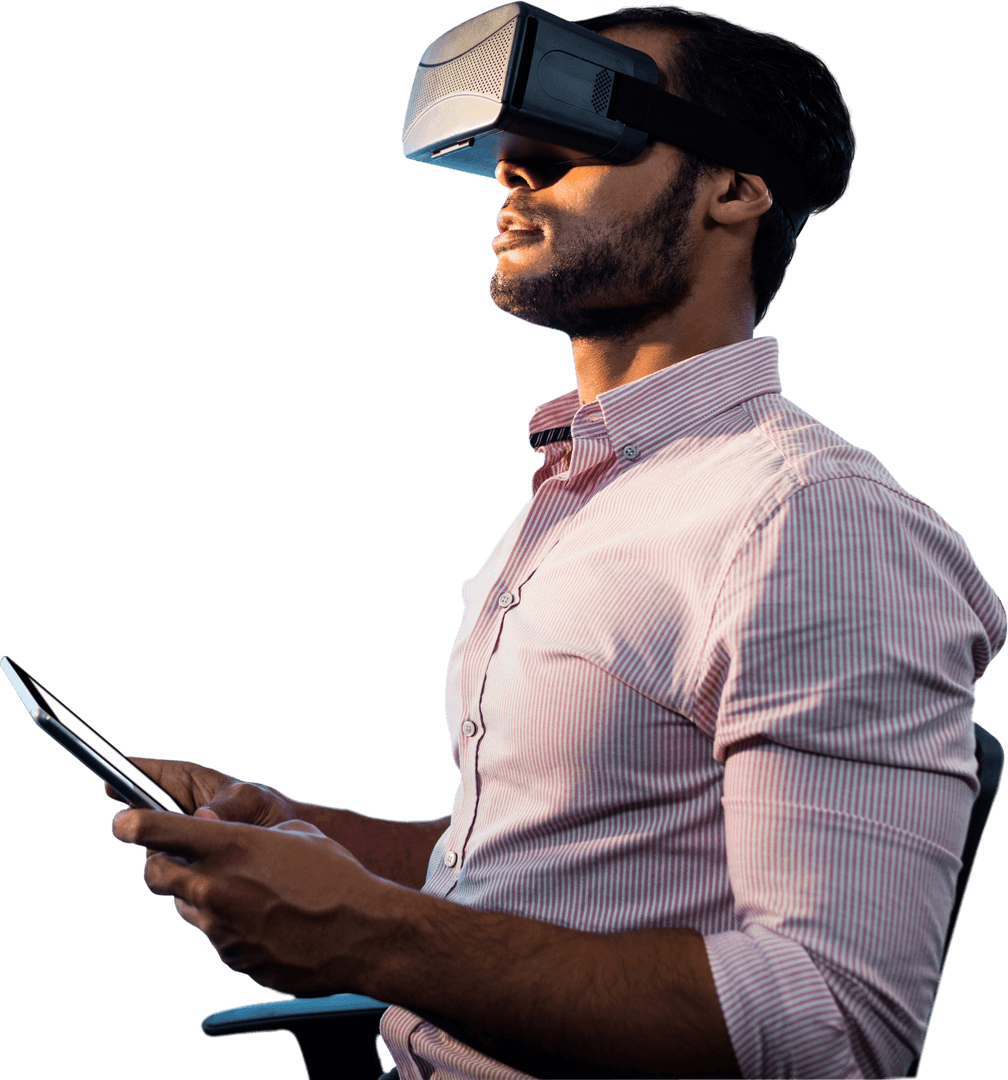 Biracial Businessman Experiencing Virtual Reality, Transparent Background