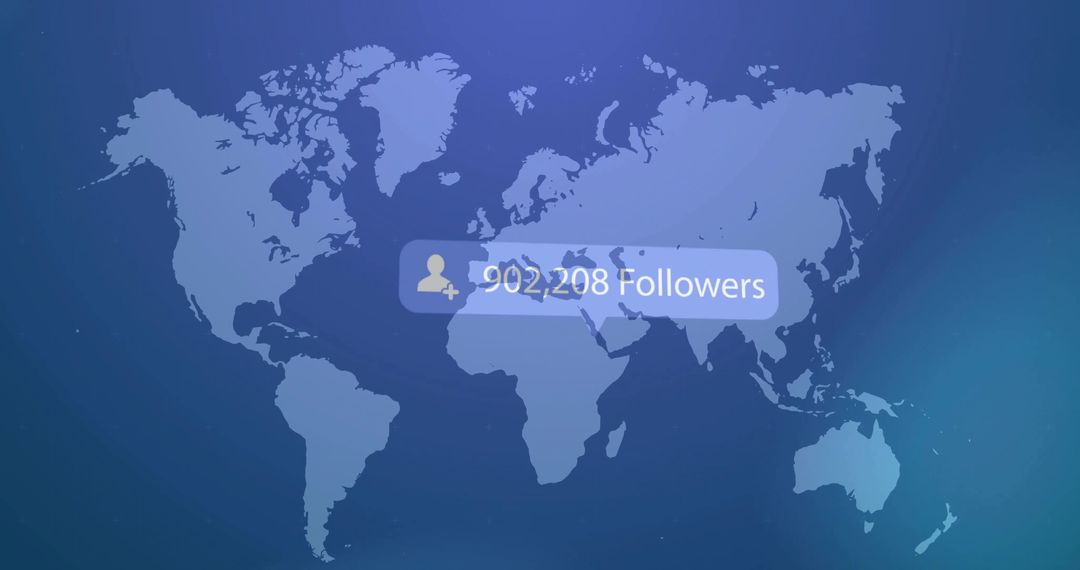 Global followers counter displaying 902,208 over world map with analytics HUD and gradient glow