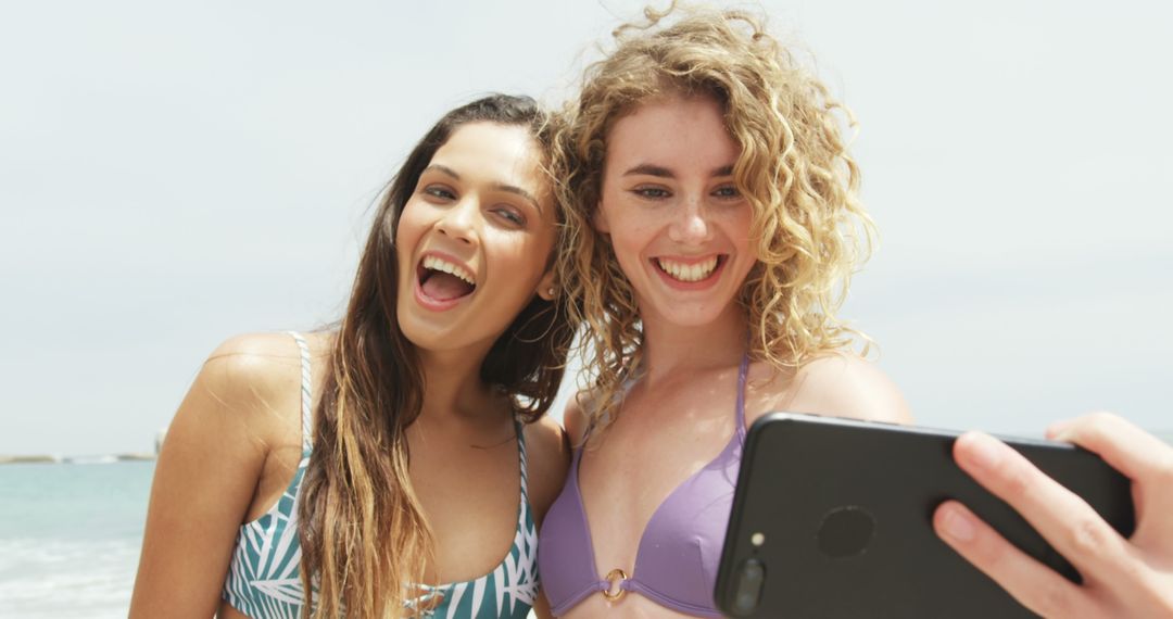 Two Friends Taking Selfie on Beach Enjoying Summer