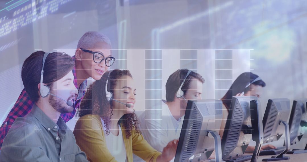 Diverse Call Center Team Analyzing Financial Data Visualization