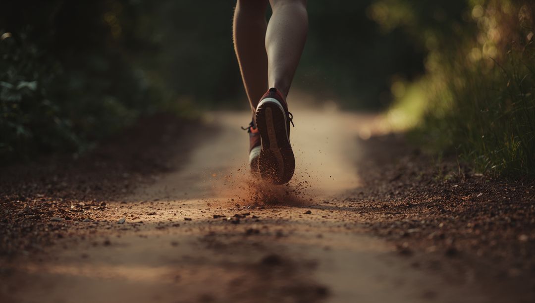 Runner Kicking Dust Up on Forest Pathway in Red Shoes