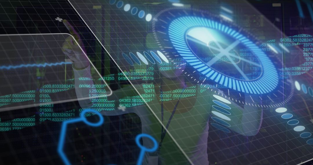 Engineer Interacting with Holographic Data in High-Tech Lab