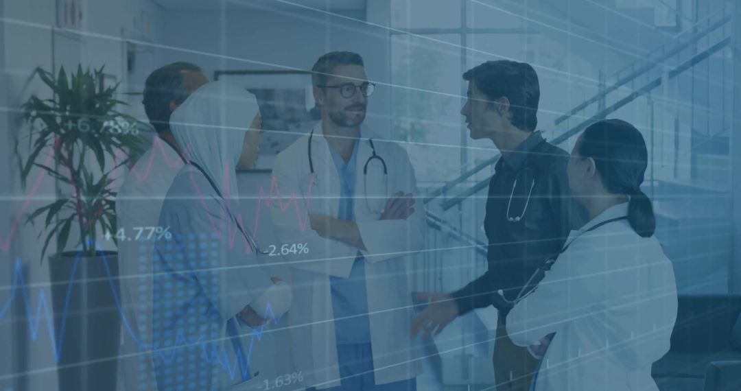 Diverse Medical Team Analyzing Global Financial Data in Hospital