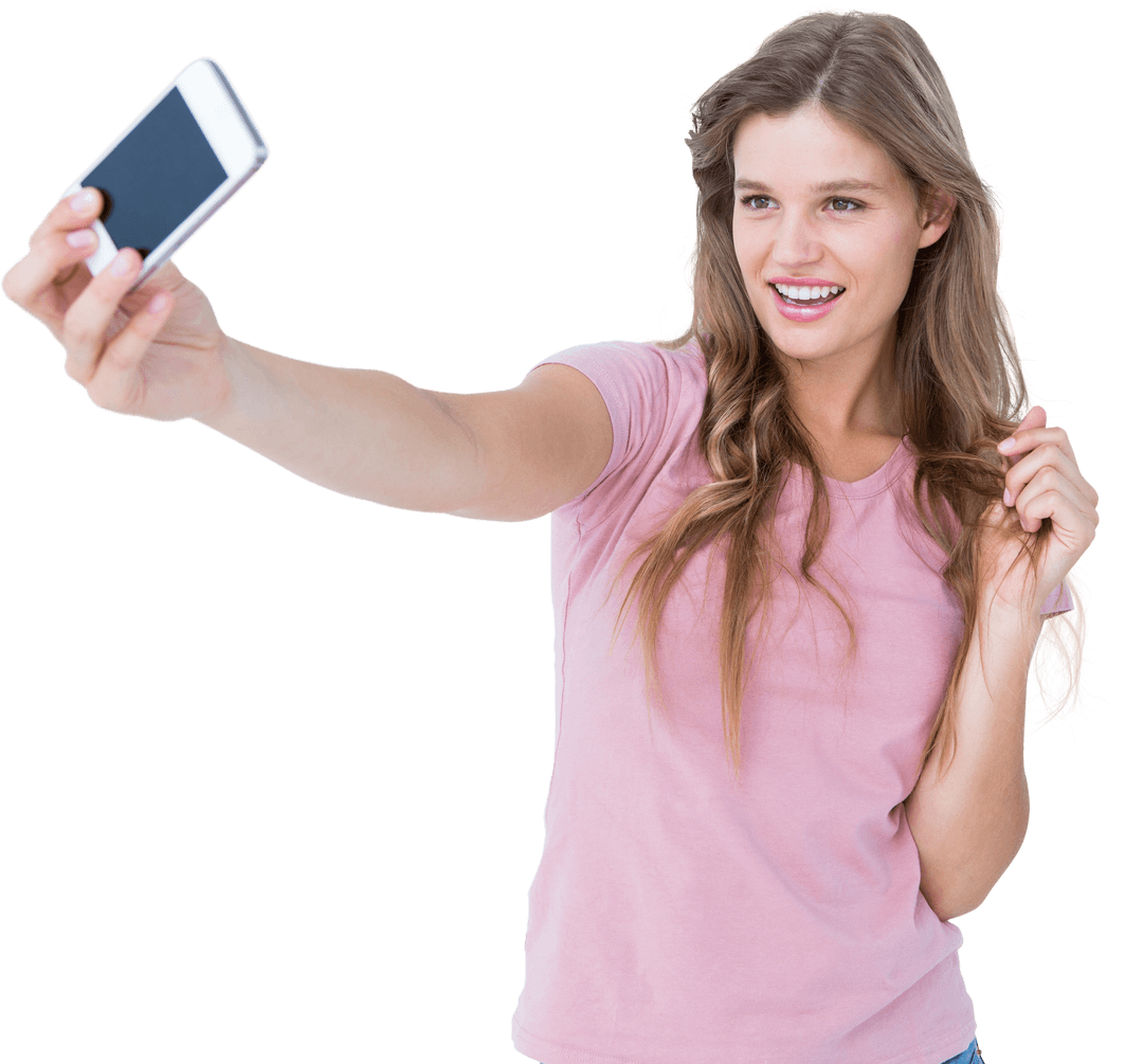 Cheerful Woman Taking Selfie Transparent Background Smile