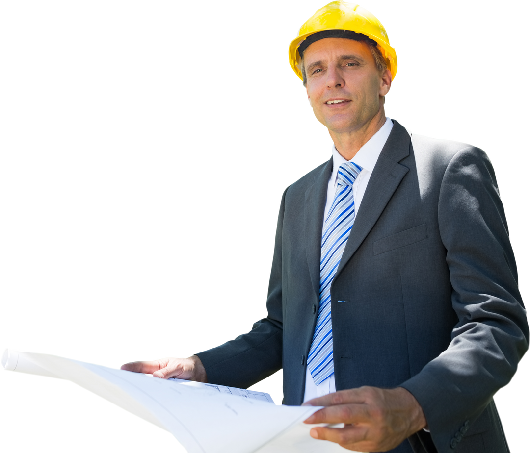 Transparent Smiling Architect Holding Blueprint in Suit and Hard Hat - Download Free Stock Images Pikwizard.com