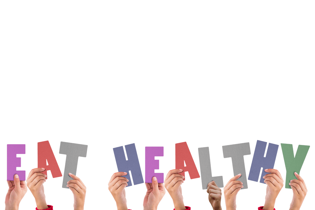Colorful Transparent Letters Spelling Eat Healthy with Diverse Hands