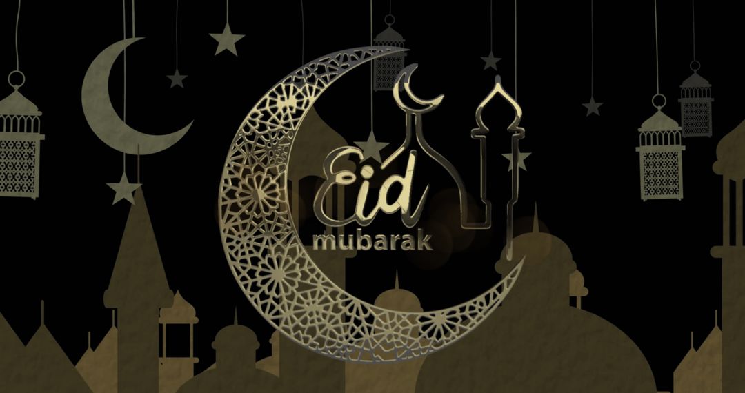 Eid Mubarak Celebration with Crescent Moon and Lanterns