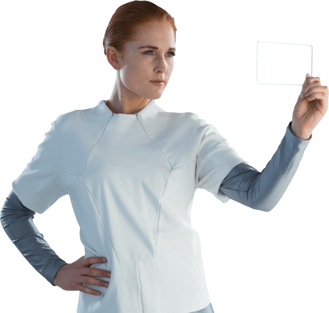 Transparent Glass Interface Held By Futuristic Businesswoman