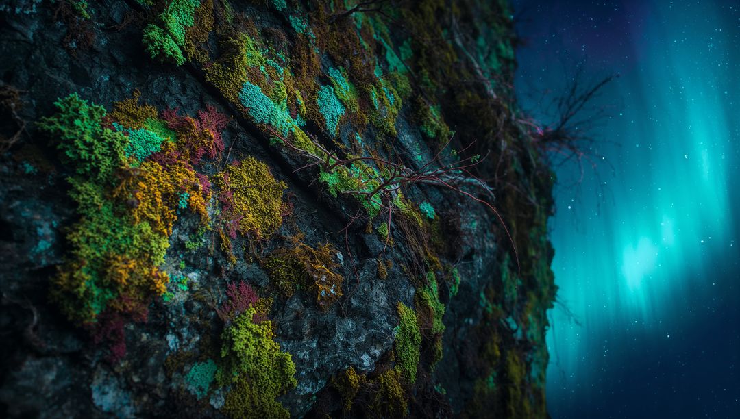 Aurora-illuminating mossy cliff clinging with colorful lichen, bare twig, teal night glow