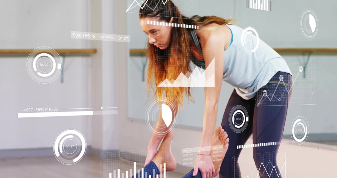 Barre instructor demonstrating stretch with AR fitness overlays and performance tracking