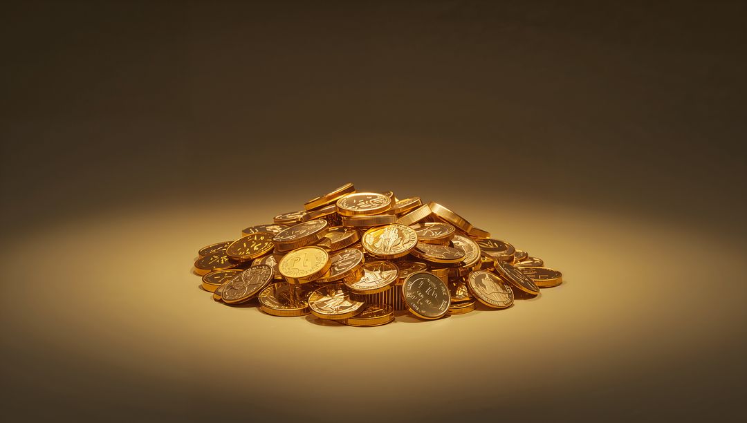 Glinting Gold Coin Pile Under Spotlight on Matte Surface for Wealth and Finance