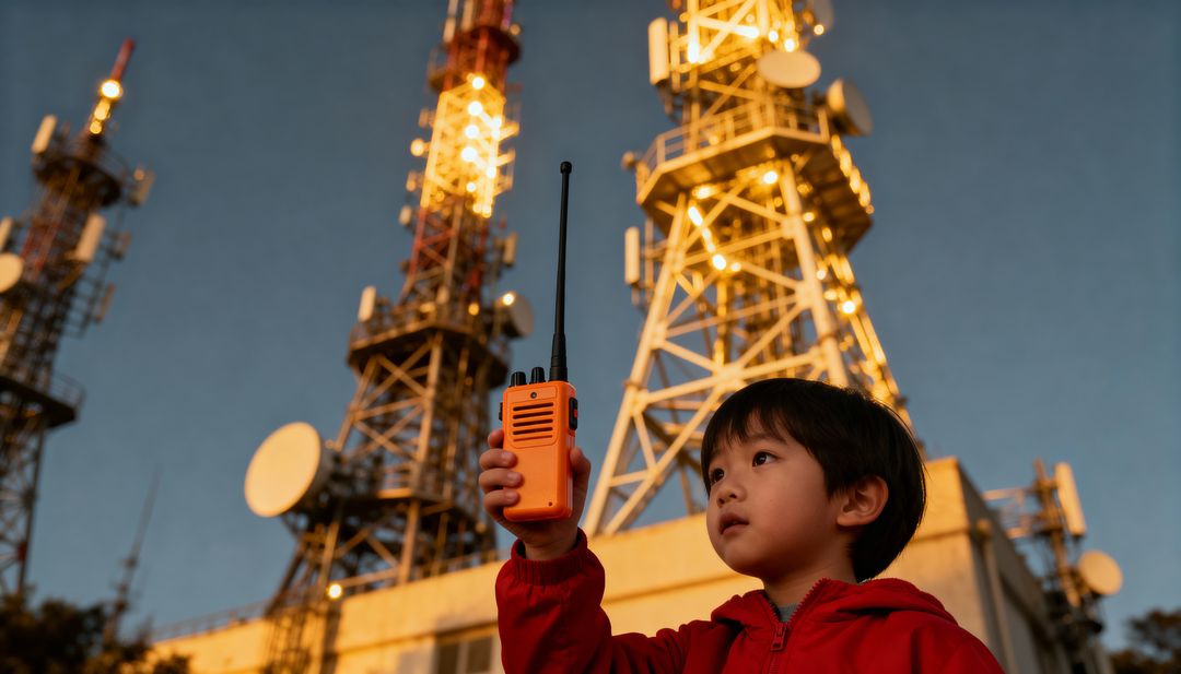 Child Holding Orange Walkie-Talkie on Rooftop Near Illuminated Telecom Towers at Sunset