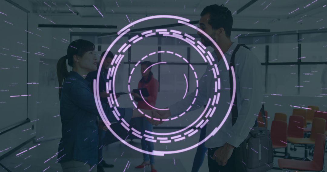 Colleagues Shaking Hands with Futuristic Augmented Reality Overlay