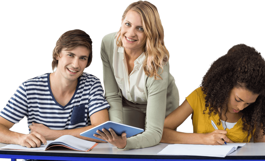 Transparent Female Teacher Aiding Students in Classroom Setting