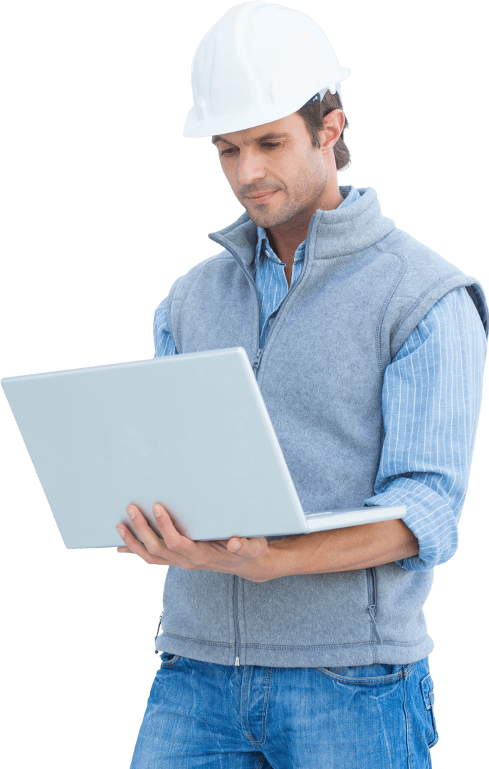 Transparent Architect in Hard Hat Using Laptop