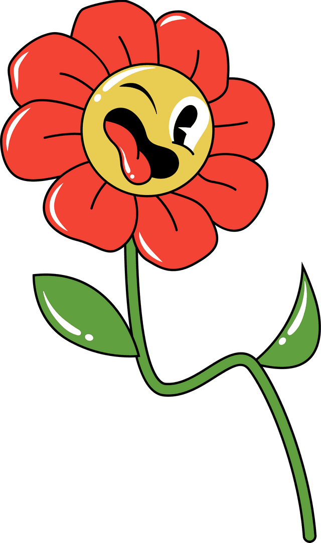 Winking Whimsical Flower Cartoon with Red Petals on Transparent Background