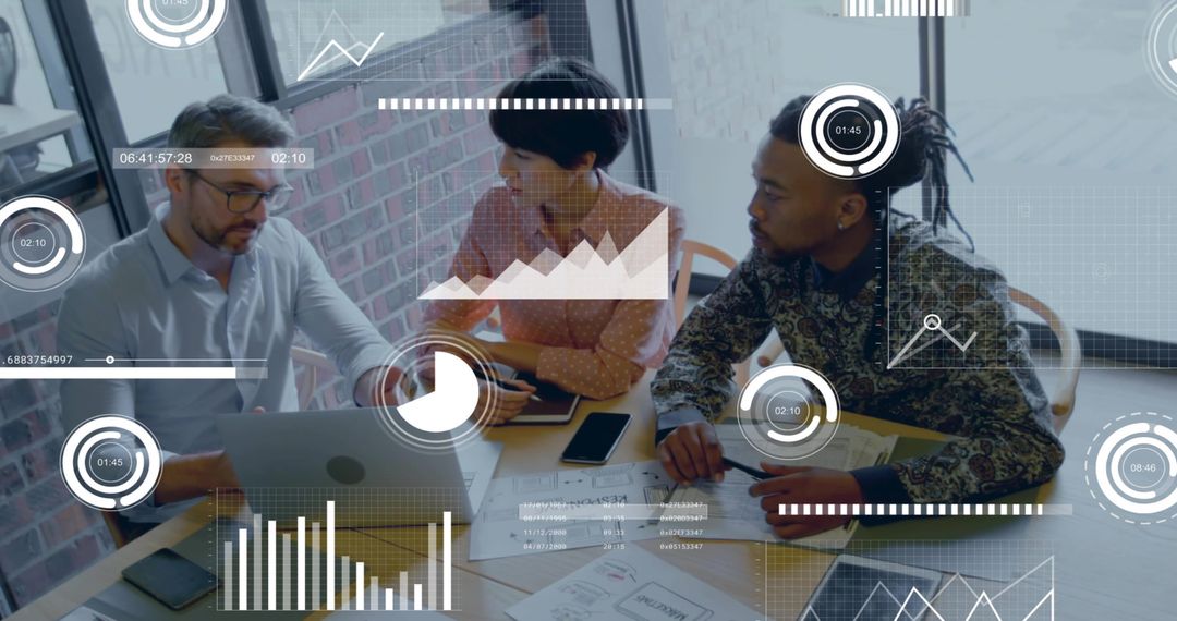 Collaborating team analyzing data with augmented HUD overlays in modern brick office