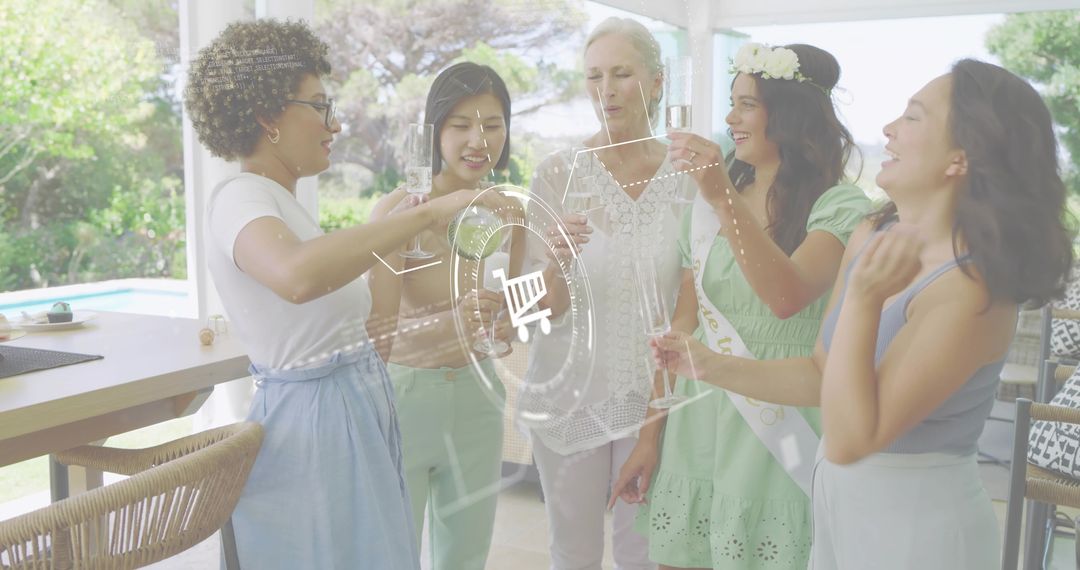 Bachelorette Party Toasting with Champagne Flutes and Holographic Shopping Cart Interface