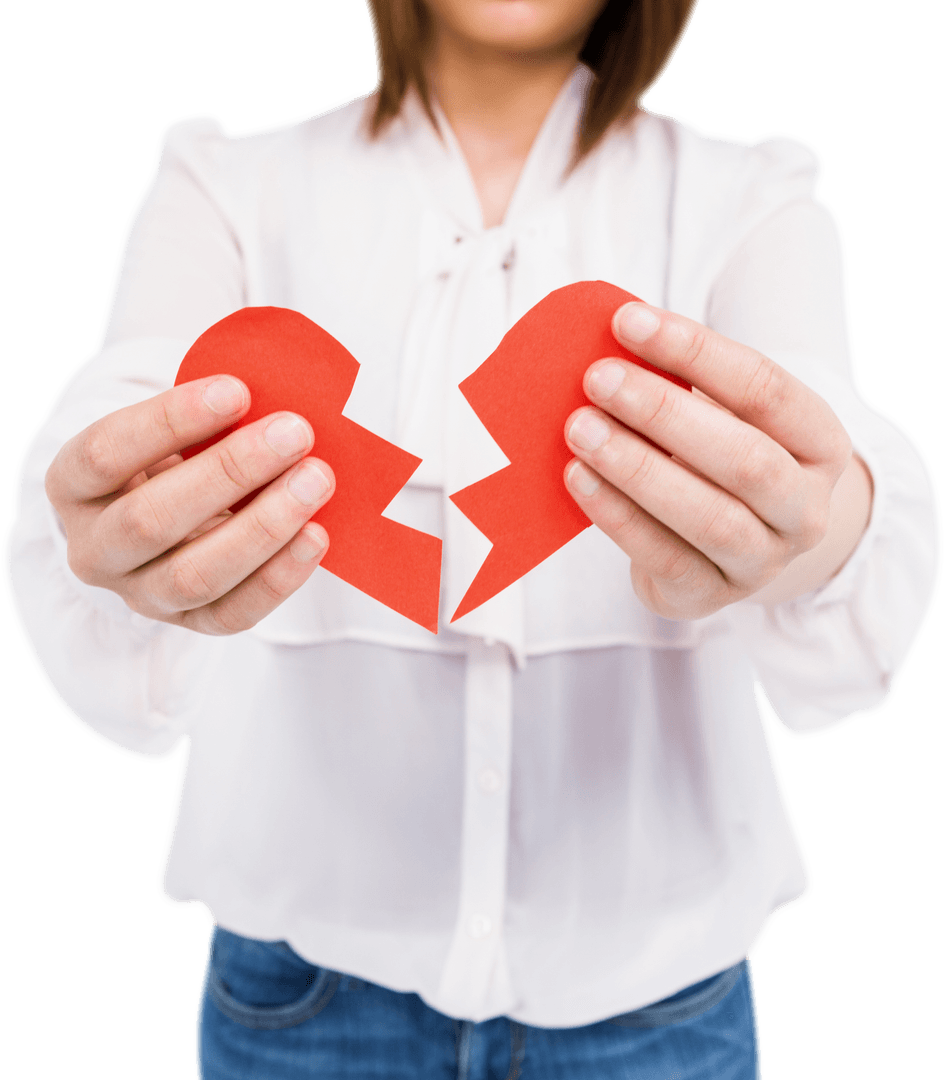 Woman Holding Broken Heart Paper Symbol Suggesting Relationship Issues on Transparent Background