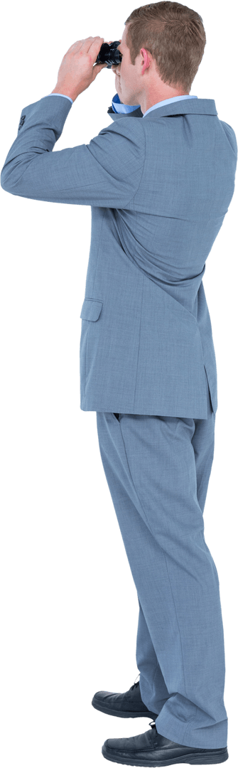 Transparent Businessman in Suit Using Binoculars