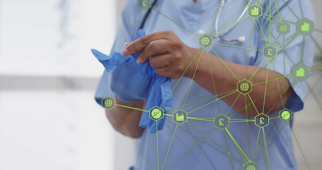 Doctor Wearing Surgical Gloves with Digital Interface Overlay