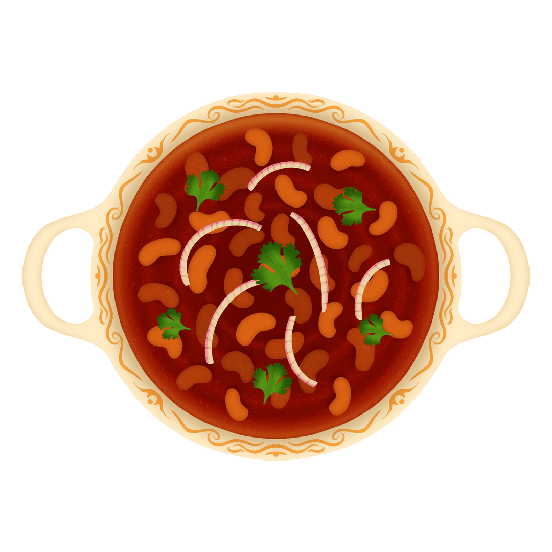 Flat Bowl of Red Bean Stew with Onion and Cilantro Graphic, Makes Decorative Culinary Impact