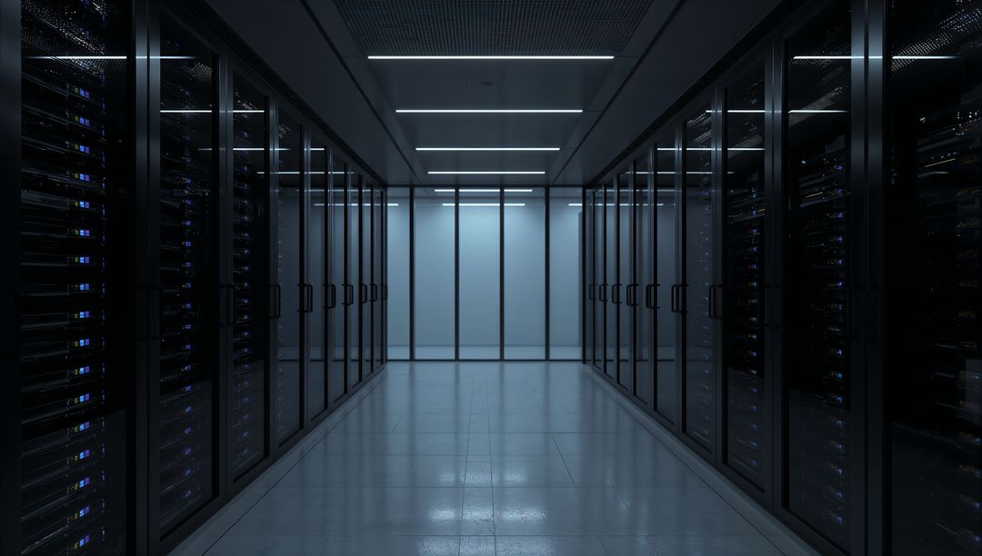 Sleek Server Room with Illuminated Corridor for Modern Data Security