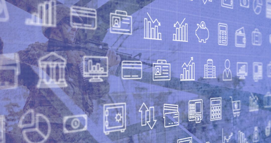 Business icons overlaying soldier with rifle in digital world theme