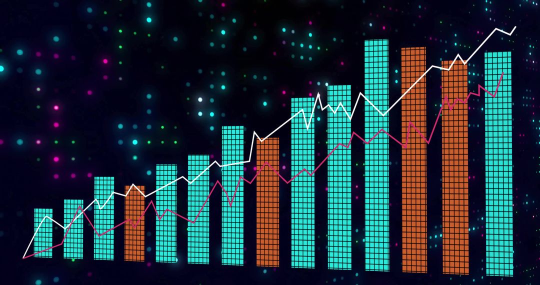 Neon data viz showing glowing vertical grid bars with white and magenta trend lines