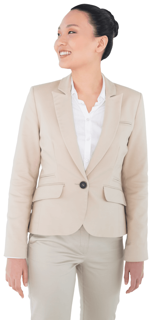 Smiling Asian Businesswoman Wearing Beige Suit on Transparent Background