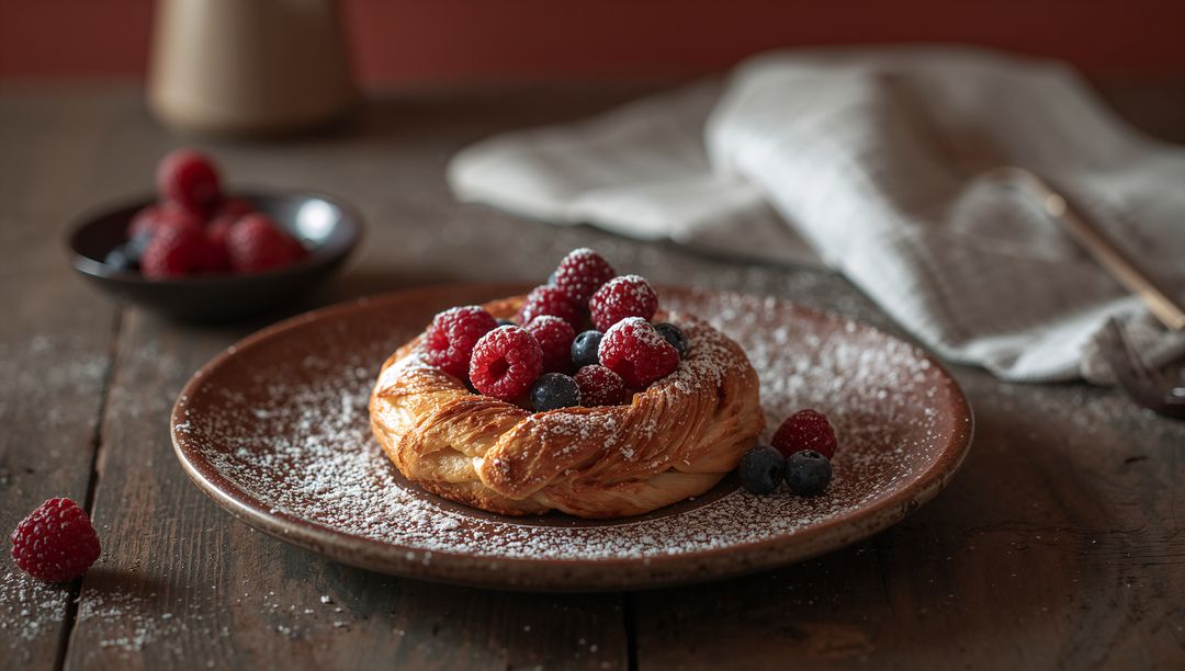 Rustic Danish Pastry Topping Raspberries and Blueberries, Sprinkled with Powdered Sugar
