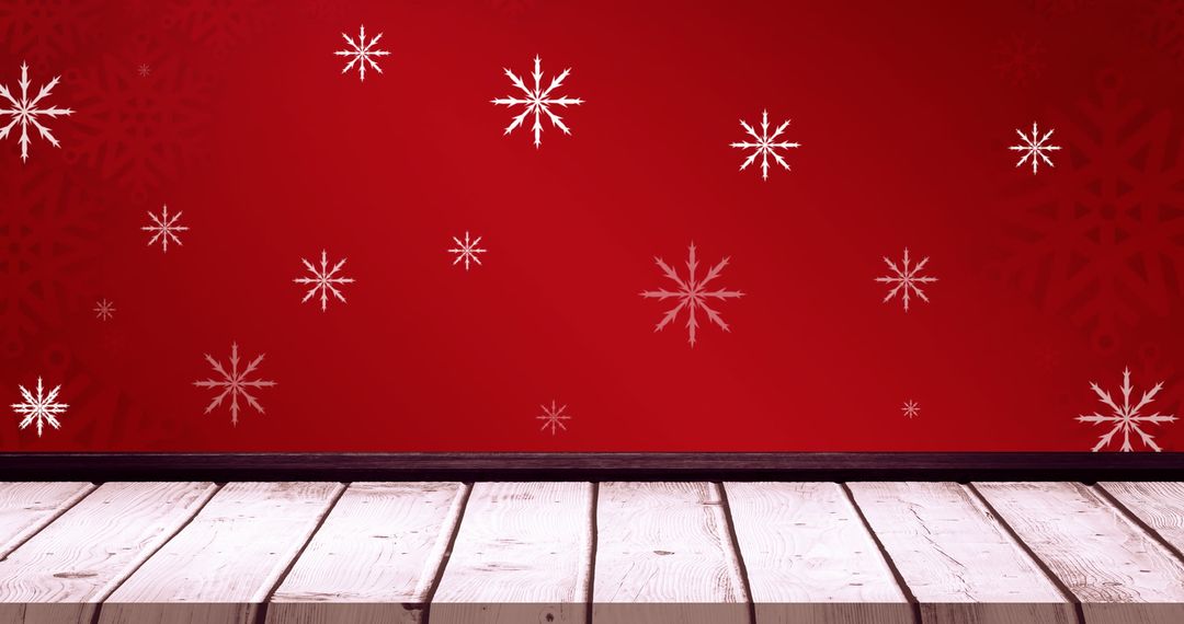 Snowflakes on Red Background with Wooden Floor