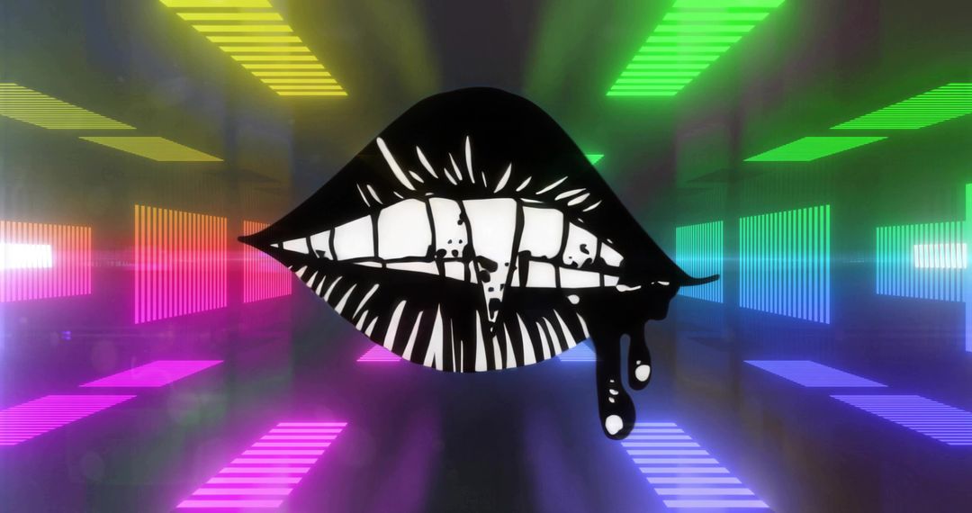 Dripping Monochrome Lips Floating in Neon Corridor with Vibrant Futuristic Light Bars