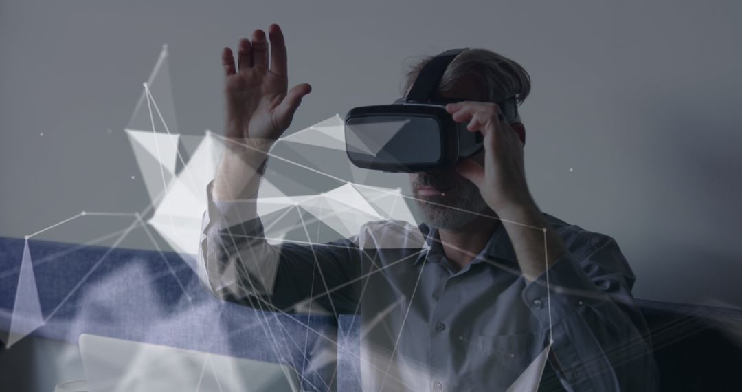 Businessman Using VR Headset with Futuristic Data Overlays